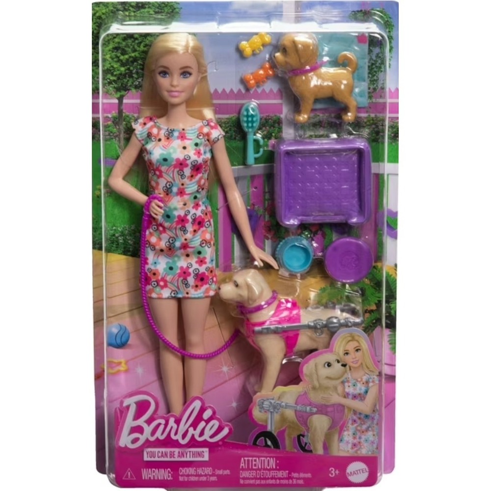 Barbie Doll with Dogs Playset - Wheelchair Puppy & Accessories - BN
